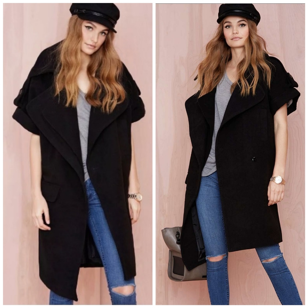 NWT Nasty Gal Oversized Women's Black Short Sleeve Streetwear Long Coat